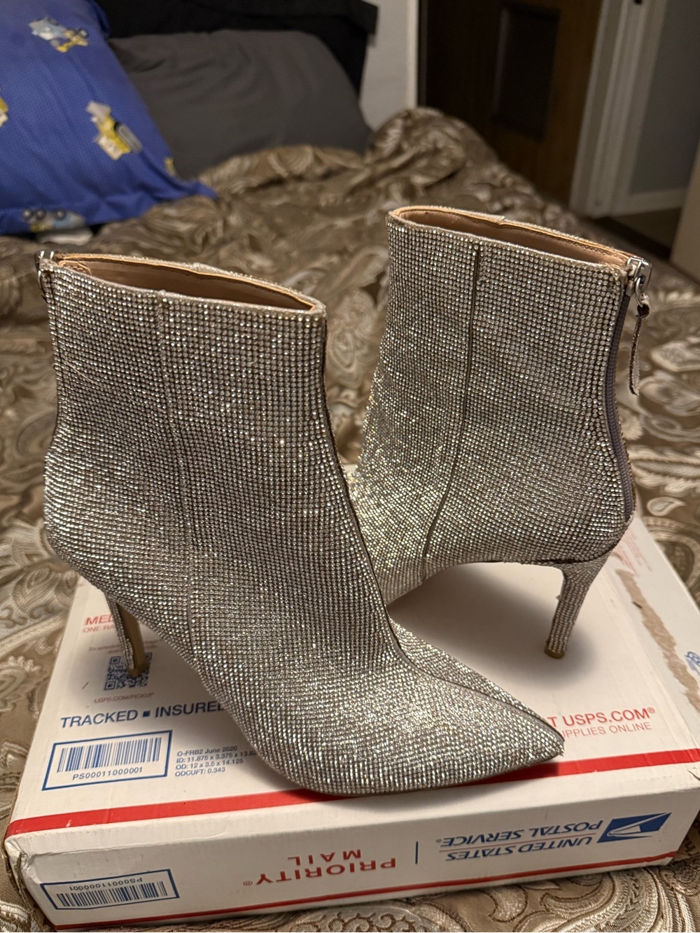 Aqua Silver Rhinestone Pointed-Toe Ankle Booties